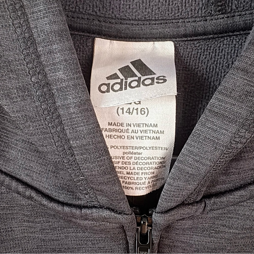 Adidas Kids 3 stripe Dark Heather gray and White Zip-Up Hoodie Jacket - Picture 4 of 5